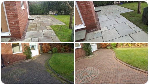 A person in gray overalls uses a pressure washer to clean a stone patio, with a lounge chair nearby and neatly trimmed hedges in the background.